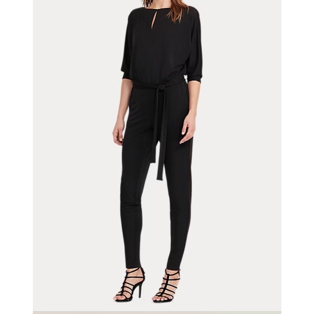 Lauren Ralph Lauren Jumpsuit Black Belted Medium Stretch Knit Long Sleeve NWT